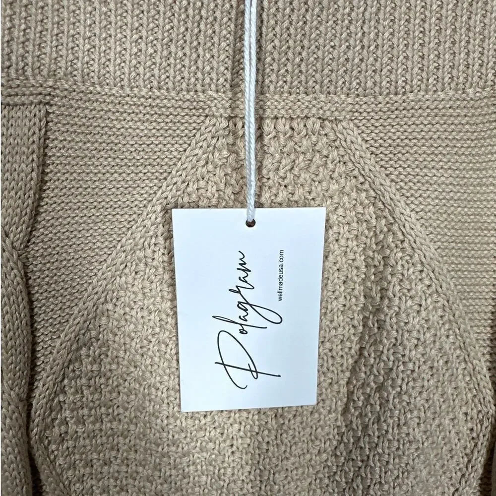 Polagram Cable Knit Midi Sweater Skirt PSW2919 Beige Tan Sz L Cozy Stretch Knit